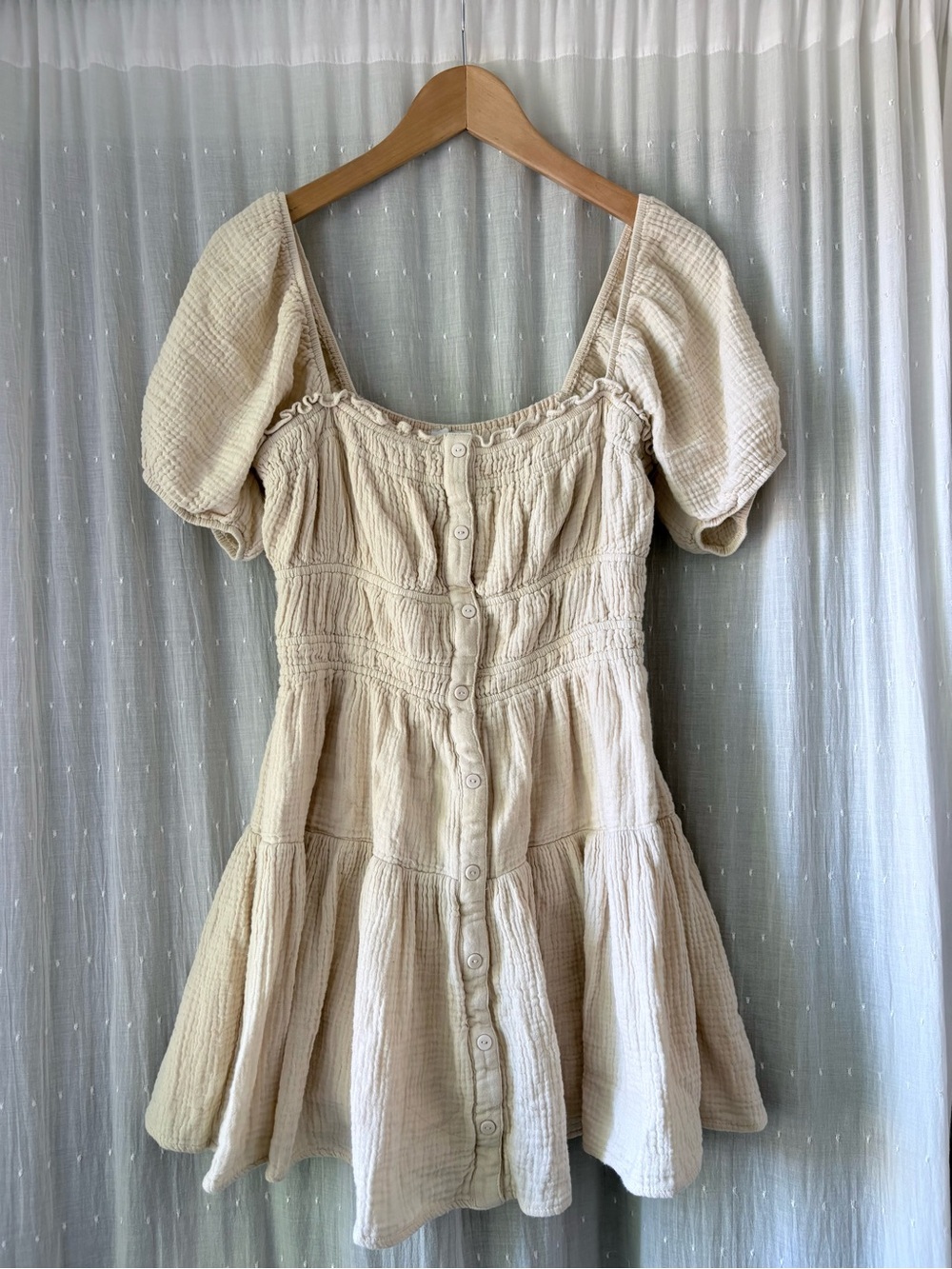 Gilli Cream Button-Front Puff Sleeve Mini Dress